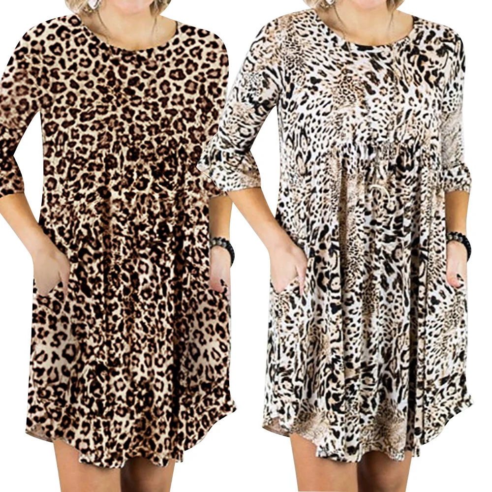 

Leopard Dress 2019 Women Knee-Length Beach Dress Loose Long Sleeve scoop neck A-line Sexy Party Dress Vestidos de fiesta D20
