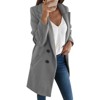 

Women Coats Autumn Winter Casual Double Breasted Top Coat Solid Color Lapel Long Button Wool Outwear Fashion