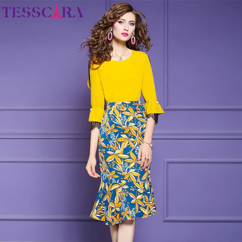 Yellow TESSCARA, женское осеннее элегантное платье с принтом, праздничное, женское, офисное, коктейльное, вечерние, халат, высокое качество, Винтажный дизайн, Русалка, Vestidos - Цвет: Yellow
