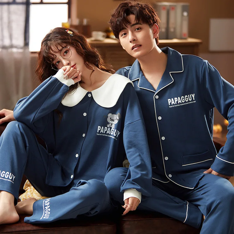 

Couple's Pajamas Women's Spring and Autumn Cotton Long-Sleeved Thin Cardigan Cartoon Large Size Men's Two-Piece Leisure Tops