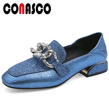 

CONASCO New Spring Woman Blingbling Casual Shoes Rhinestone Metal Chain Decoration Low Heel Square Toe Shallow Shoes Woman