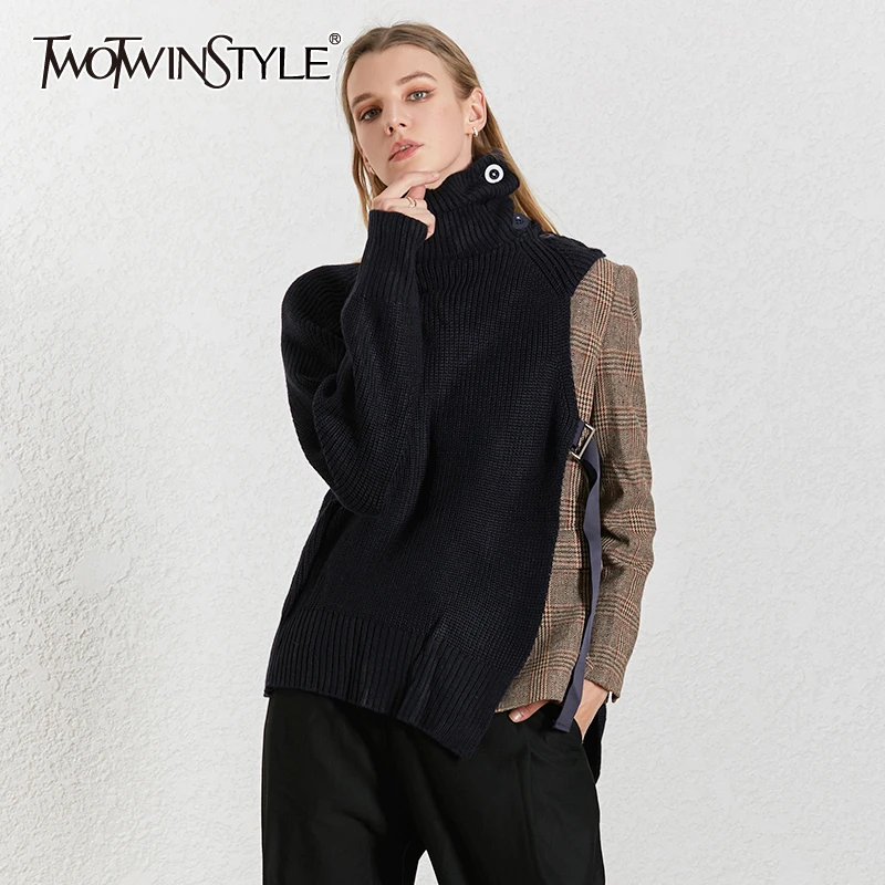 TWOTWINSTYLE вязаный лоскутный клетчатый блейзер для женщин с круглым вырезом и