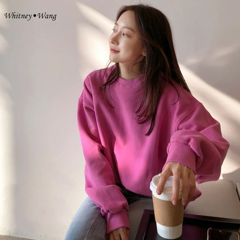 Розовый WHITNEY WANG Осенняя модная уличная однотонная Толстовка женские толстовки пуловер - Цвет: Розовый