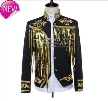 

Men Clothes New Sequins Embroidered Jacket Tassel Singer Stage Costume Drama Formal Dress Blazers