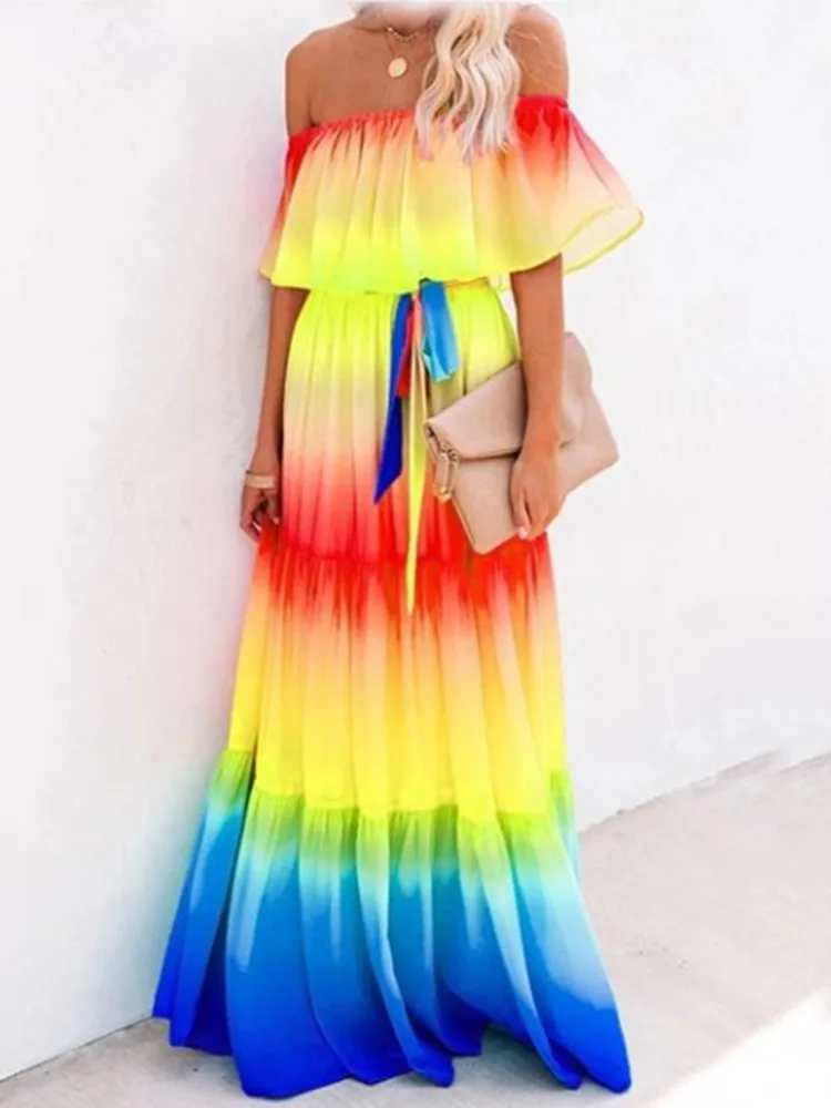 Boho Floral Print Wrapped Breast Gradient Color Women Long Beach Dress Frill Belt Lace Up Beach Cover Up Summer Vacation Dress