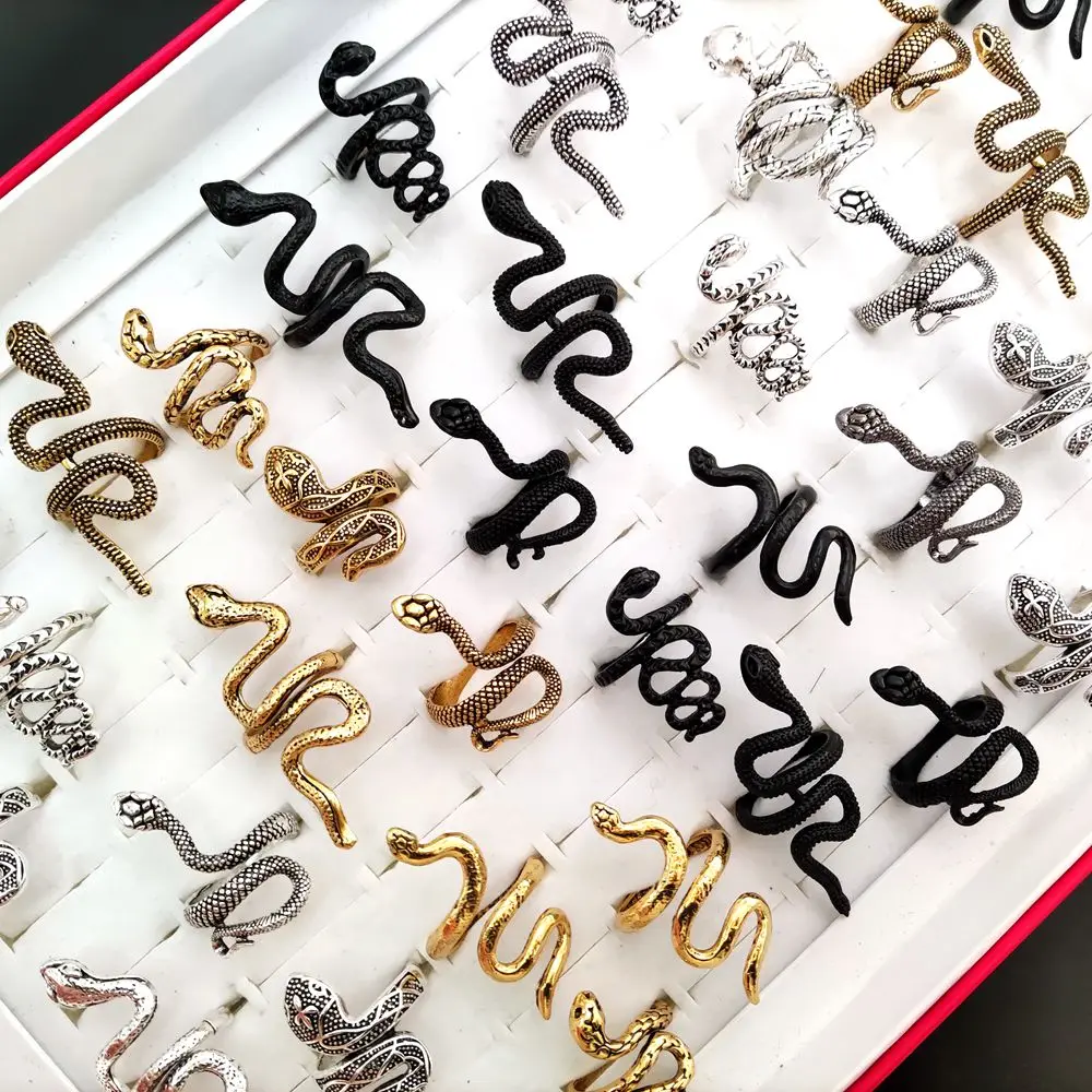 100pcs/lot Antique Punk Style Animal Snake Ring Gold Plated Silver Plated Black Hip hop Rock Fashion Ring Party Jewelry 2