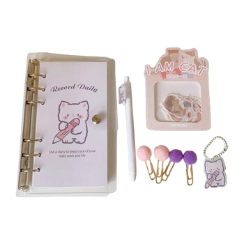

Kawaii Cartoon A6 Loose Leaf Notebook Binder Planner Diary Journal Agenda with Paper Clip Pen Stickers Set