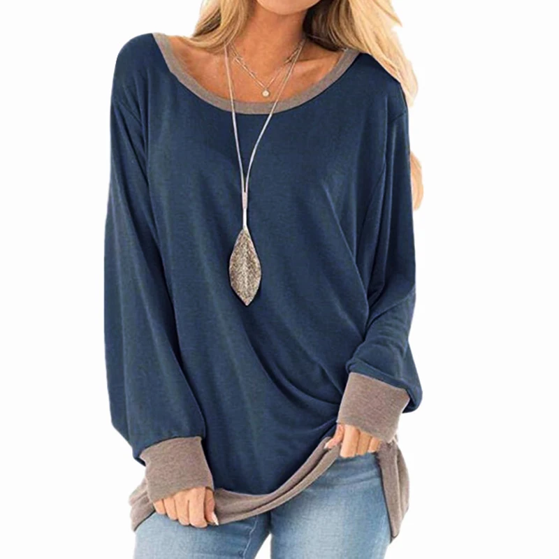 

Long Sleeve T-shirts Patchwork Casual Pullovers O-neck Loose Plus Size Women Tops Autumn Winter Basic Shirts Hoodie LX194
