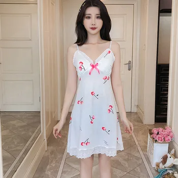 

Sexy V-neck Lace Suspender Nightwear Women Nachthemd Summer Milk Silk Nightdress Thin Printing Sleeping Dress Women's Nightgown