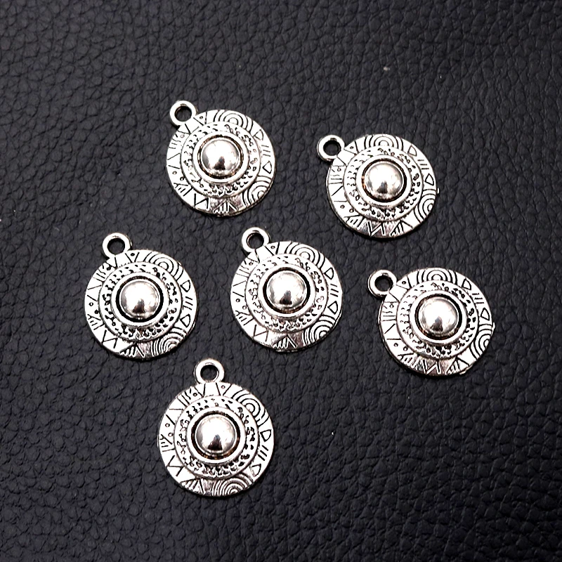 

12pcs/lot Silver Plated Vintage Round Shield Charm Metal Pendants DIY Necklaces Bracelets Jewelry Handicraft Accessories 25*12mm