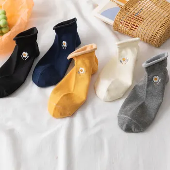 

Spring Fashion Women Cotton Short Tube Socks Girls Japanese Cartoon Poached Egg Crimping Female Pure Color Socks High Quality