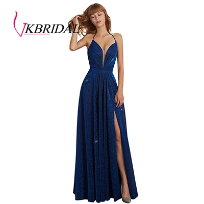 Royal Blue VKBRIDAL сексуальное длинное платье для выпускного вечера с лямкой на шее, новинка, блестящая ткань, вечернее платье с лямками на спине - Цвет: Royal Blue