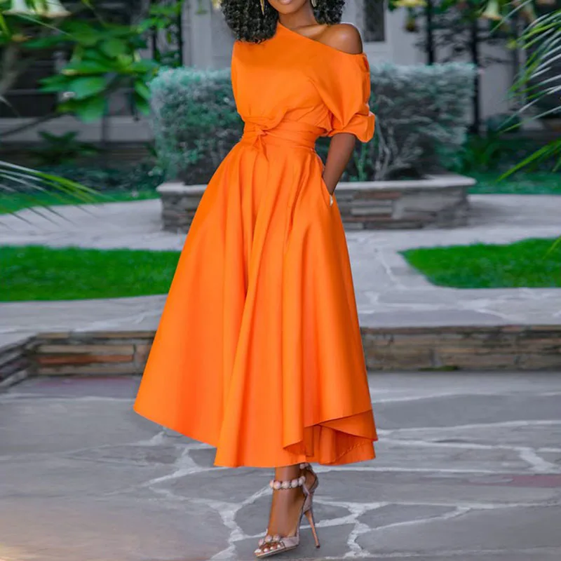 

Fanco Casual Long Dress Women Summer One Shoulder Sexy Fashion Street Travel High Waist Robe Ladies Big Swing Elegant Dresses