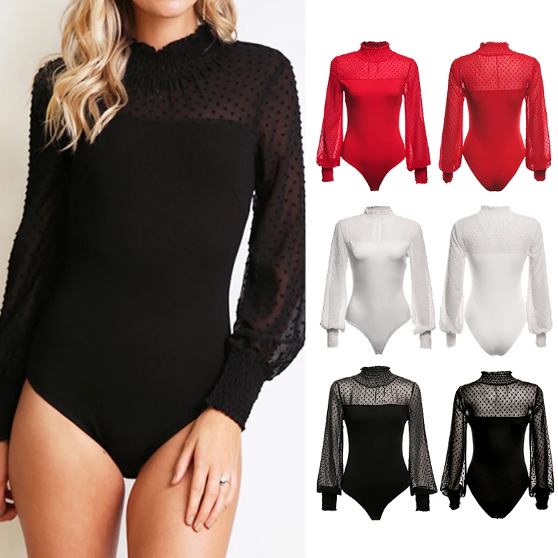 Ladies Long Sleeve Solid Jumpsuit High Neck Slim Fit Bodycon Tight Sexy Bodysuit