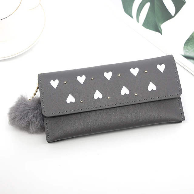 Women's purses Long Wallets Pure Color Wool Ball Bow Clutch Bag Card Coin Purse Standard Wallets PU Solid Polyester Wallet Gray