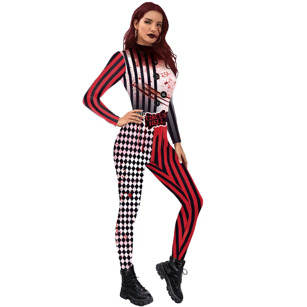 FCCEXIO Women/Men Circus Hell Printed Scary Jumpsuit Halloween Party Cosplay Costume Bodysuit Adults Fitness Onesie Outfits