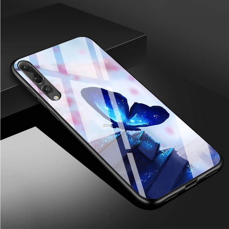 huawei pu case Butterfly Tempered Glass Phone Case For Huawei P20 P30 P40  P40 Lite Pro Psmart Mate 20 30 Cover Shell silicone case for huawei phone Cases For Huawei