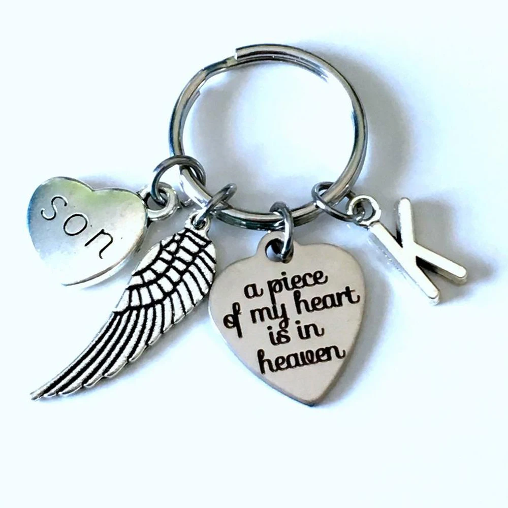 Initial Memorial Key Chain with Wing,  A Piece of My Heart Is In Heaven Sympathy Gift Keychain, Loss of Mom Dad Son Daughter