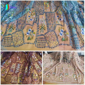 

Blue,Light Pink,Dark Coffee Background Geometric Wedding Dress Girl Skirt Good Quality Flower Embroidery Sequin Tulle Cloth