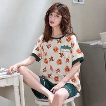 

Cute Cartoon Pajamas Set Cotton Short Sleeve T-shirt And Shorts Cute Cotton Printed Comfortable Nightwear Casual Crew Neck