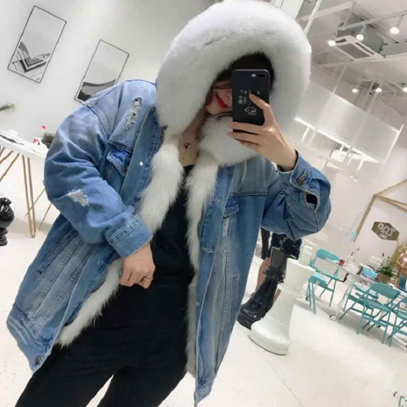 Роскошное Женское пальто женские зимние меховые пальто с капюшоном из лисьего меха дизайнерские зимние куртки длинное пальто с воротником из джинсовой ткани
