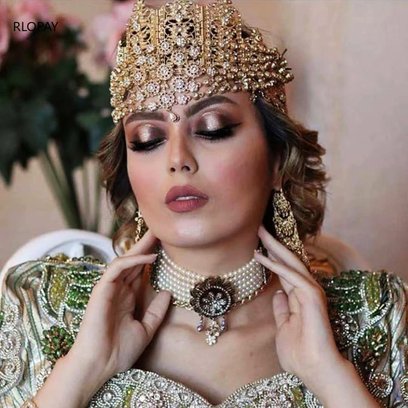 Algeria Traditional Wedding Hair Chains Royal Tiara with Full Crystals Luxury Gold Headpieces Arabic Crown | Украшения и