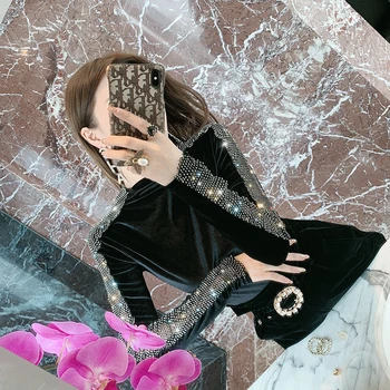 

Bling Bling Diamond Patchwork Long Sleeve Velvet Bottoming Top All-match New Autumn Winter O Neck Slim Female T-shirts