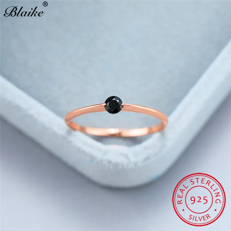 Минималистичное кольцо из стерлингового серебра s925 пробы с камнем, голубой, красный, черный циркон, тонкие кольца для женщин, обручальные кольца, кольцо из розового золота, ювелирные изделия - Цвет камня: Rose Gold Black