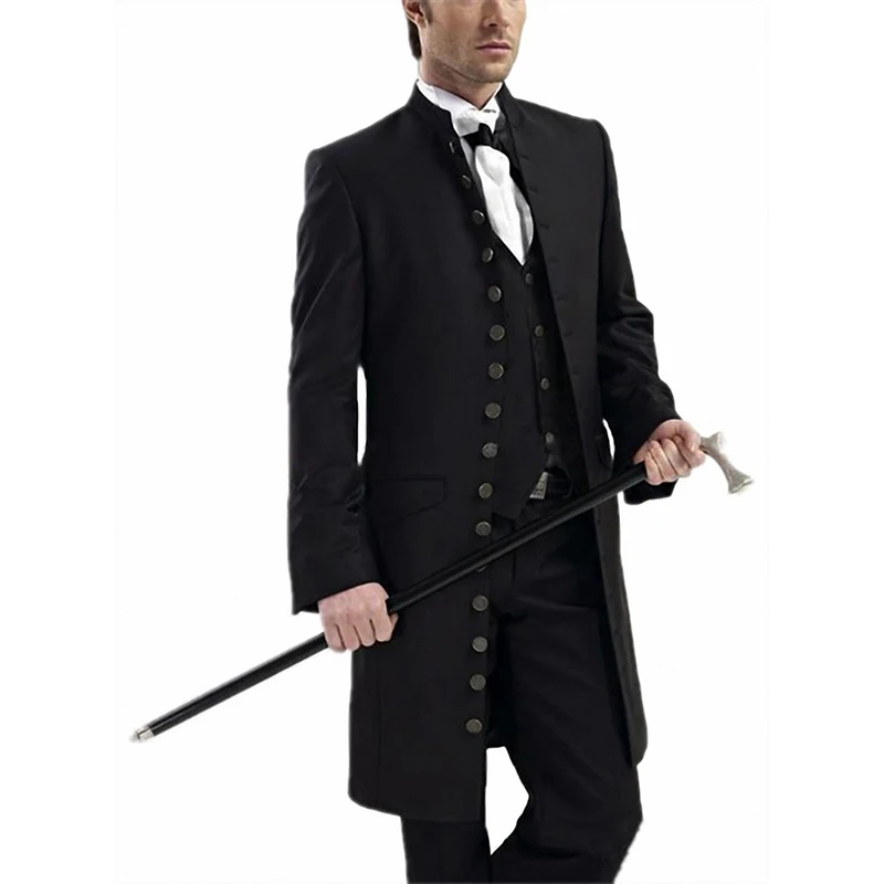 Мужской Стильный готический костюм со стоячим воротником, Свадебный костюм в стиле стимпанк, Длинный блейзер, куртка для банкета, вечеринки, костюм для косплея