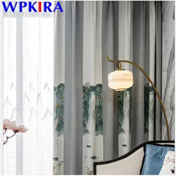 

Chinese Style Curtain For Living Room Volie Sheer Curtain Bedroom Printed Landscape Painting Drape Panel Home Decora W-AD398#30