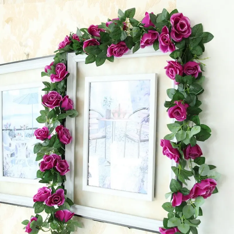 New Colorful Rose Artificial Flower High Quality Wedding Decorations Flower String DIY Vine Green Leaf Rattan Hanging Home Party