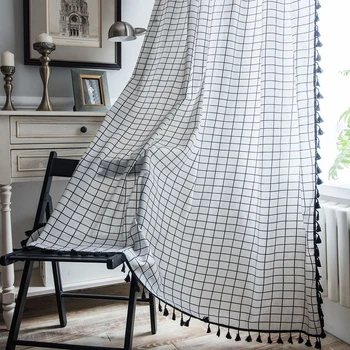 

Modern White Plaid Curtain With Tassel Bedroom Blinds French Windows Semi Blackout Curtain Cotton Linen Finished Curtains