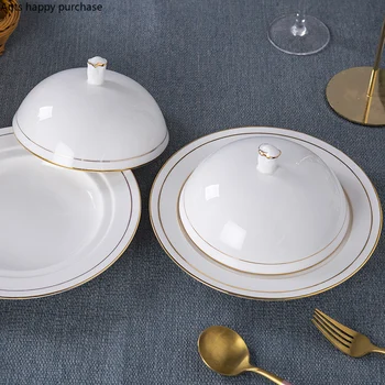 

Ceramic Soup Dish Stew with Lid Golden Rim White Snack Dish Household Dining Table Deep Dish Dessert Plate Restaurant Tableware