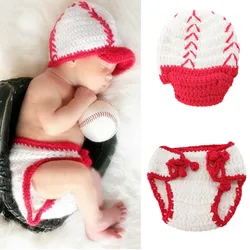 Costume de photographie créatif pour nouveau né, ensemble de 2 pièces, chapeau de Baseball tricoté à la main + pantalon, Costume de bébé au Crochet 
