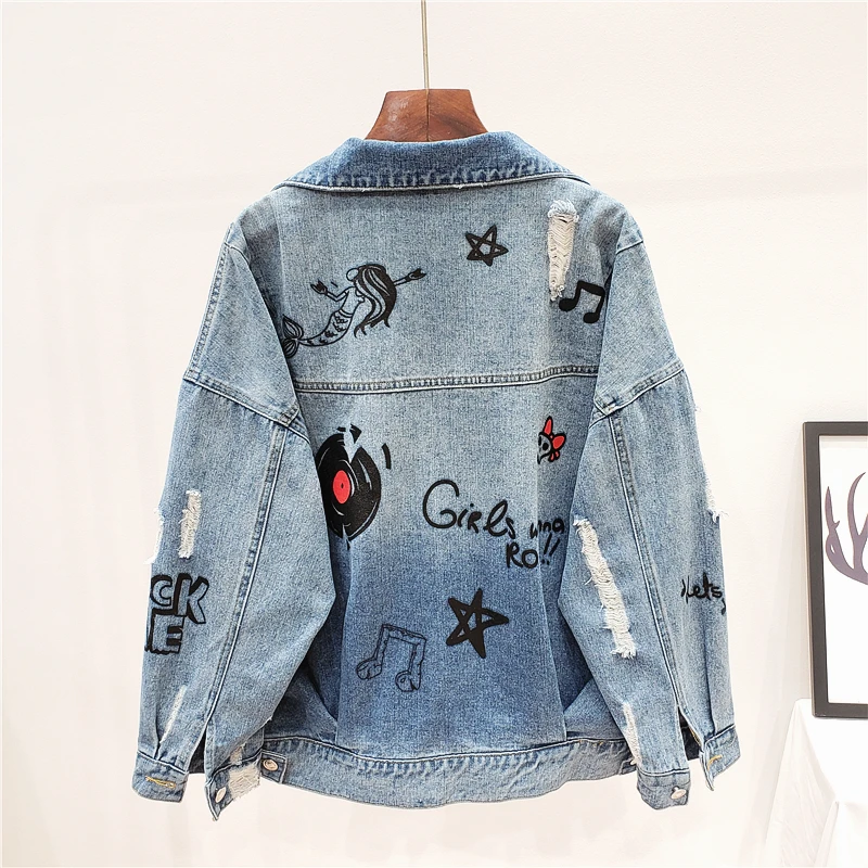 

Spring Women New Loose Harajuku Cartoon Letter Print Denim jacket Jaqueta feminina Vintage Washed Hole Jean jacket Ropa de mujer