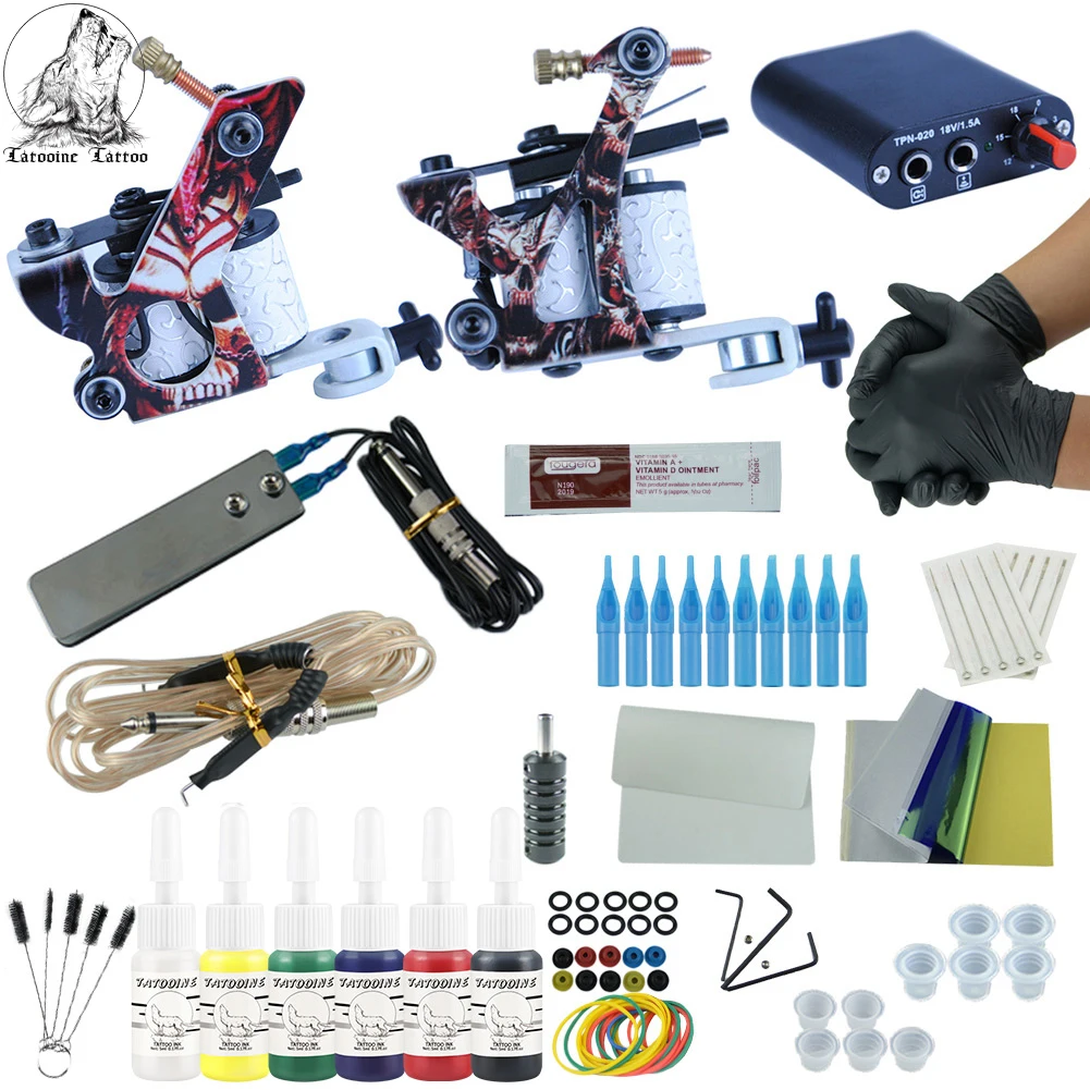 

Complete Tattoo Kits 2 Coils Guns Machine Set 6 Colors Black Tattoo Pigment Sets Power Supply Needle Beginner Permanent Makeup