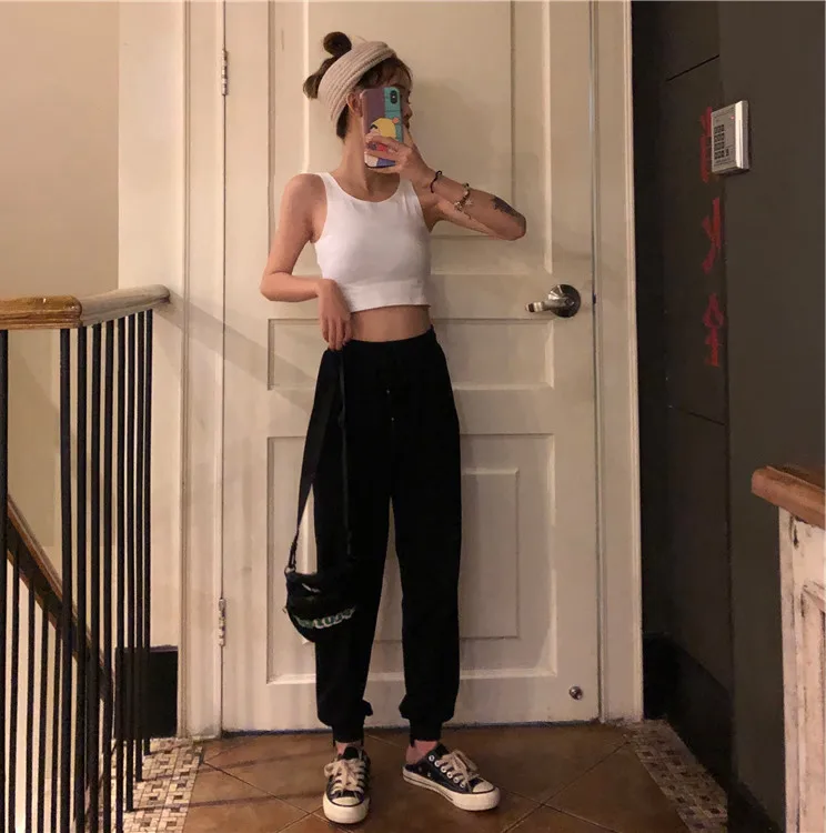 Korean chic White High Waist Harem Pants Women Casual Loose Black Long Pants Female Summer Pocket Lace-up Elastic Trousers