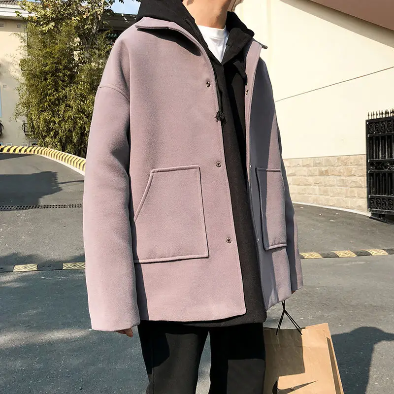 

Korean Short Woolen Coat Men's Fashion Solid Color Casual Retro Woolen Coat Men Loose Autumn Winter Woolen Coat Mens Overcoat