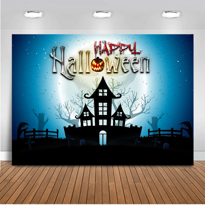 

Halloween Party Photo Background Dark Cartoon Castle Tree Ghost Bat Photo Backdrop Studio Computer Painted Background