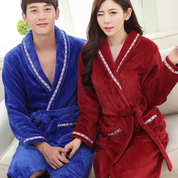 

Winter Warm Coral Fleece Nightwear Nightgown For Couple Flannel Lovers Robe Kimono Gown Sleepwear Casual Soft Bathrobe Homewear