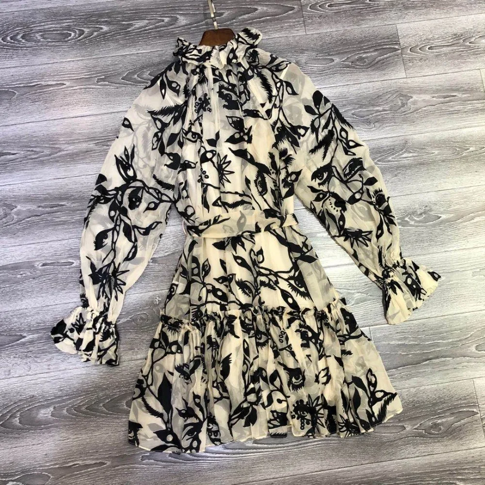 2020 Autumn New Black Printed Half High Neck Velvet Lace Long Sleeve Women Dress