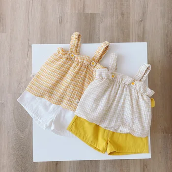 

Summer Holiday Baby's Sets Girls Spaghetti Strap Flower Plaid Vest Tops + Bow Shorts Children Kids 2Pcs Suits Infant Clothes