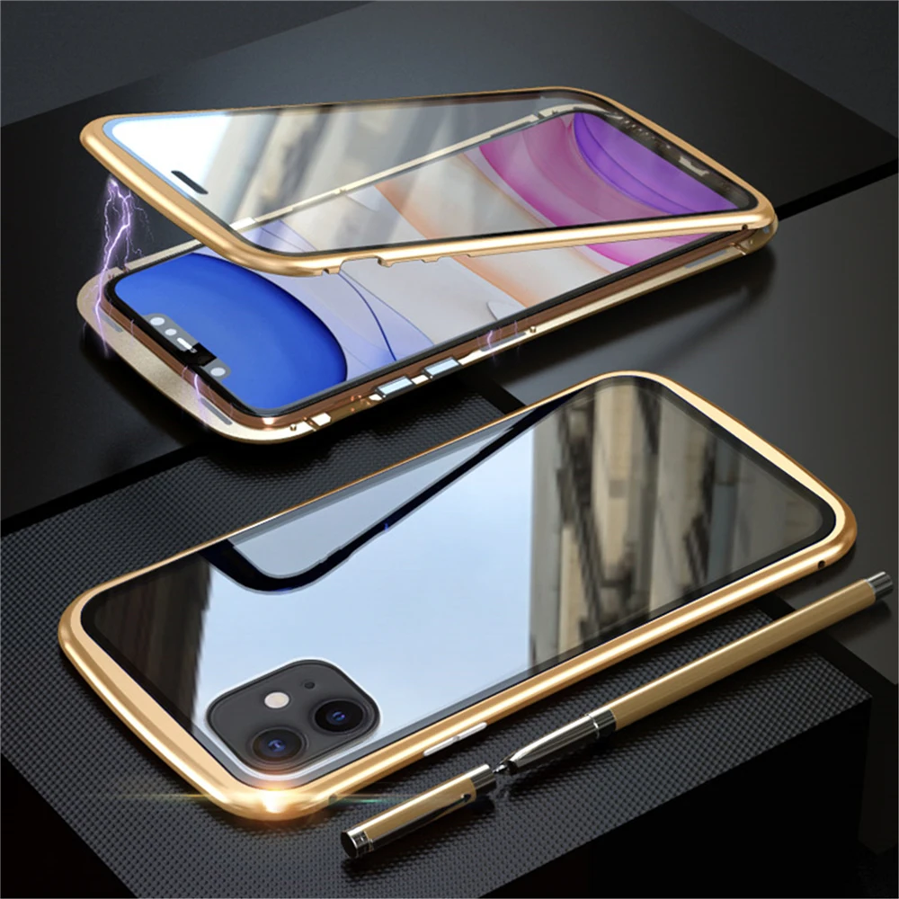 

New Magnetic Phone Shell Glass for iphone 11/11pro/11 Pro Max Mobile Phones Metal Frame Double Tempered Glass Protective Case