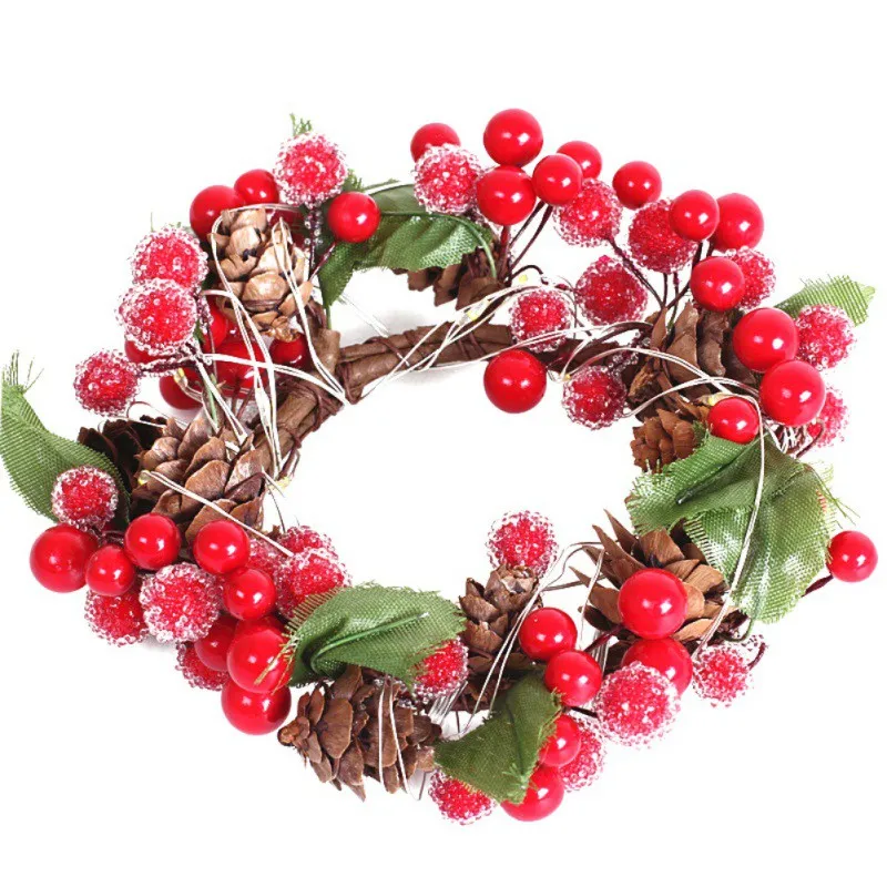 Christmas Wreath With LED String Light Artificial Berries And Pine Cone Garland For Front Door Window Wall Hanging Decoration