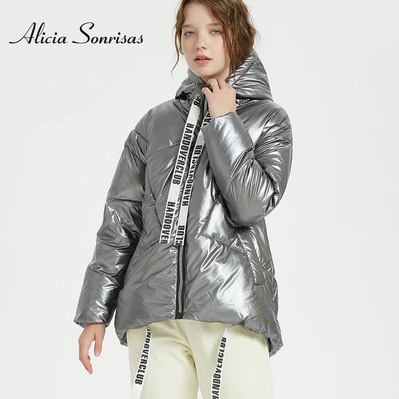 Женская зимняя куртка, новая водонепроницаемая парка с хлопковой подкладкой, Блестящая серебряная куртка с капюшоном, большой размер, теплая Толстая куртка с лентами, 6 цветов