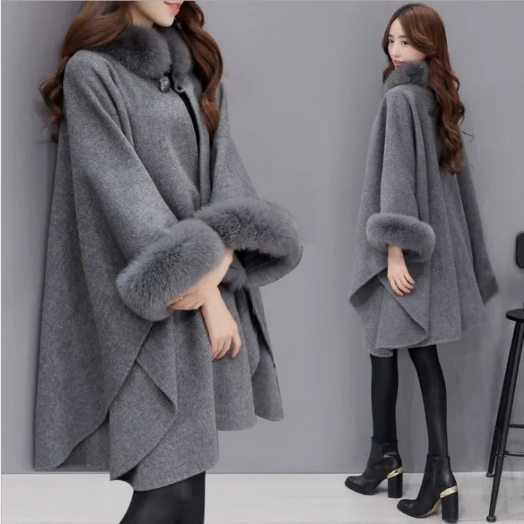 

Winter New Style Korean-style Fox Fur Collar Mid-length Wool Woolen Overcoat Elegant Cloak Shawl Coat Women's