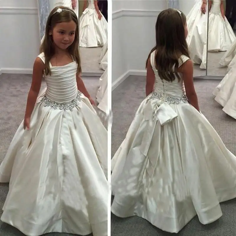 

New Ivory Satin Flower Gril's dresses with Lace-up Back Beaded Birthday Girls Pageant Gowns First Communion Dresses for Girls