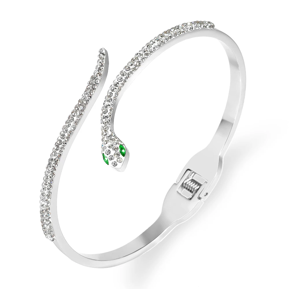 Snake Green Eyes Bangles & Bracelets CZ Full Crystal Summer Clasp Stainless Steel Bracelet For Women Jewelry Accessories