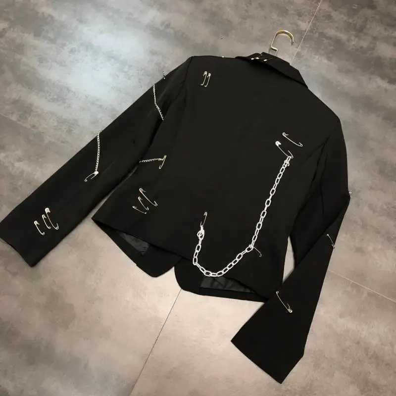 2020 Spring New Pin Chain Punk Style Small Suit Cropped Jacket Slim-Fit Suit Jacket Women High Street Black Blazer Coat Femme