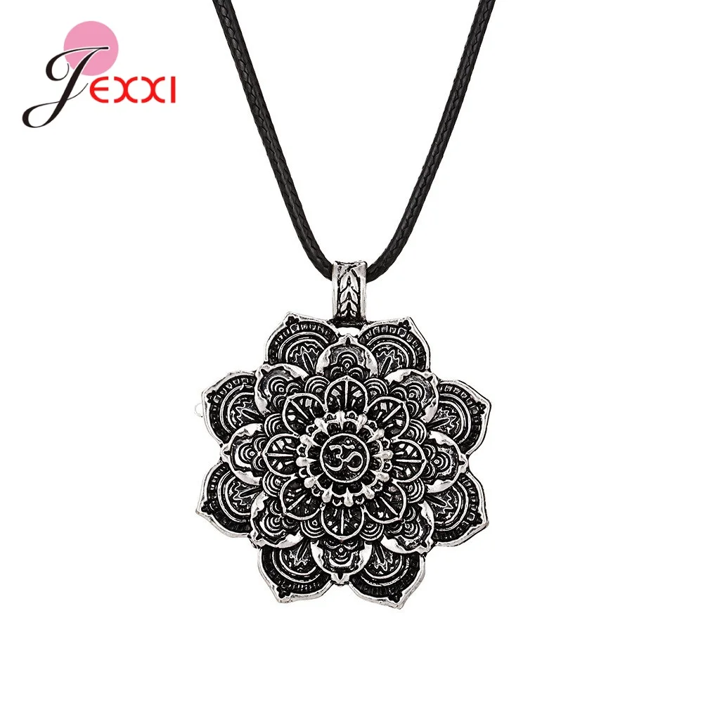 New Designer Ancient Silver Color 925 Sterling Datura Flower Pendant Necklace Personality Beads Leather Chain Jewellry | Украшения и